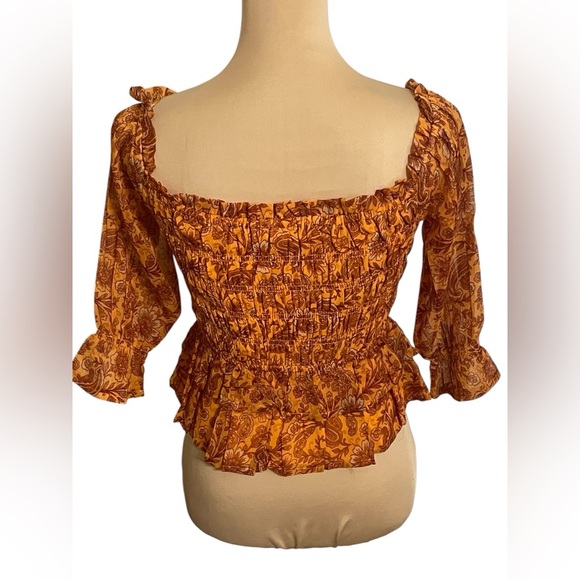 Patrons of Peace Boho Floral Smocked Ruffle Top Marigold Size Small S NEW - Picture 2 of 5
